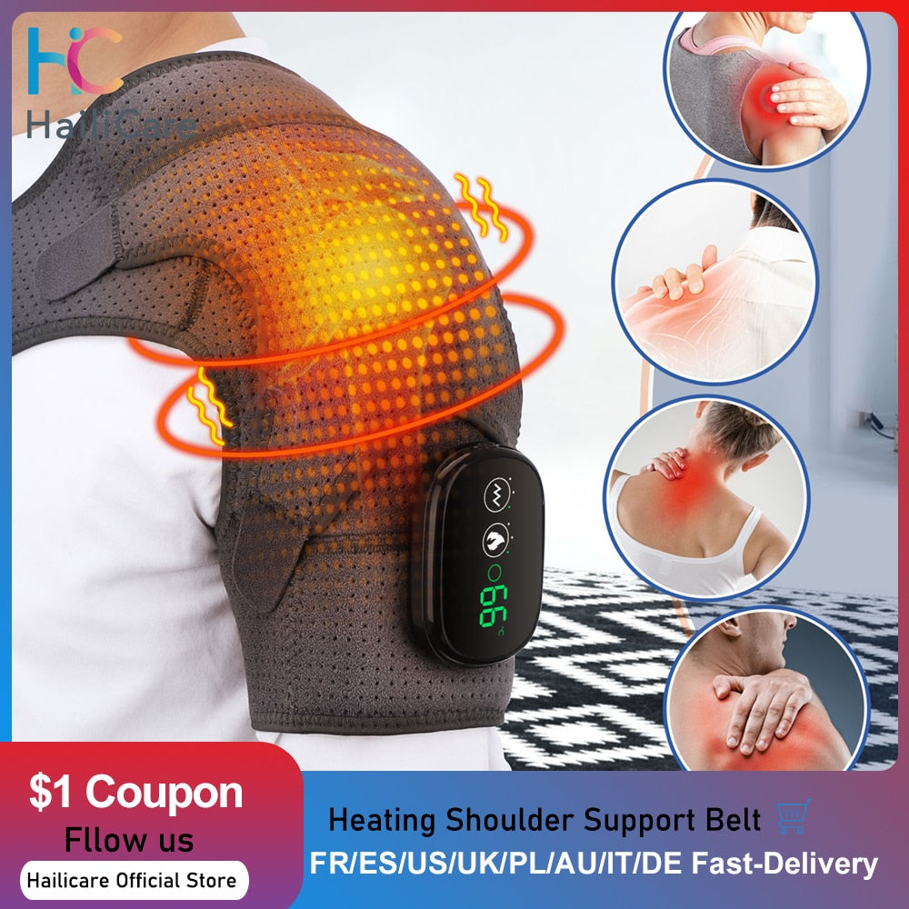 Electric Heating Shoulder Massager Brace Joint Vibration Arthritis Pain Relief LED Smart Controller Adjustable Support Belt